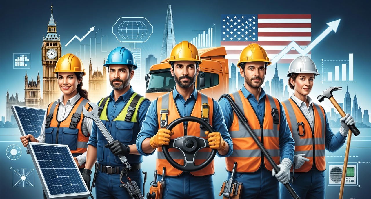 A professional, futuristic 2025-style illustration showing a mix of in-demand blue-collar workers from both the UK and the US — including a solar panel technician, electrician, truck driver, construction worker, and HVAC specialist. They stand confidently with tools and safety gear.