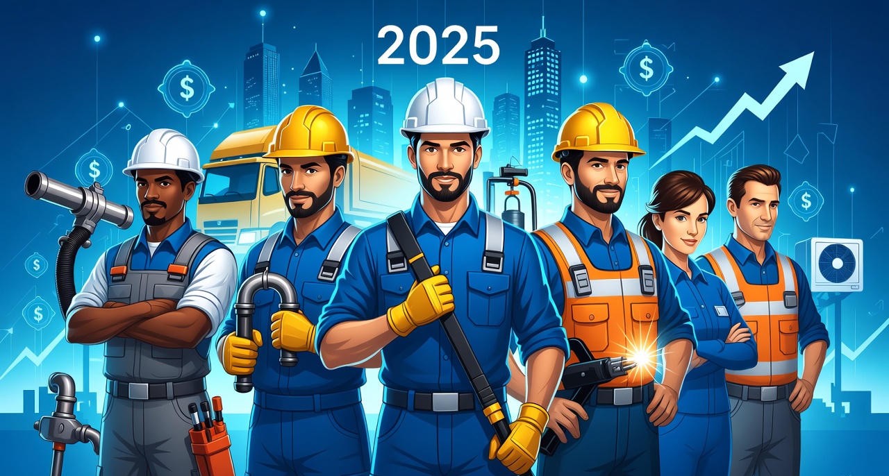 A modern, professional illustration showing a group of confident blue-collar workers standing proudly together — including an electrician, plumber, truck driver, welder, construction worker, and HVAC technician. They are wearing clean uniforms, safety gear, and holding their tools. The background shows a futuristic 2025 city skyline with glowing lights and modern buildings, symbolizing high-paying opportunities. Use a bold, sharp, realistic style with strong lighting, vibrant colors, and a motivational, success-focused vibe. Include subtle elements like rising graph arrows or money icons to represent “high-paying jobs.