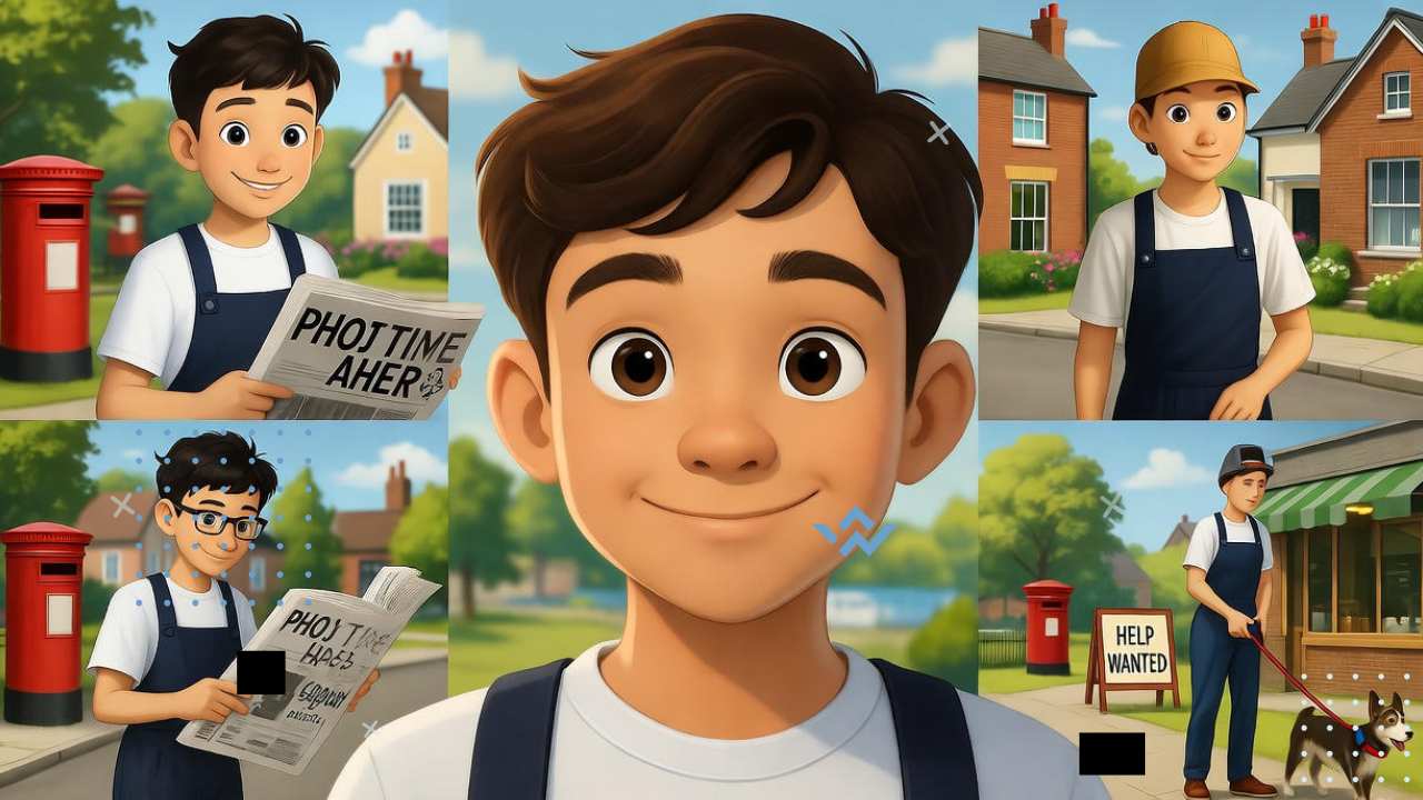 A cheerful 14-year-old teenager in the UK working part-time — smiling while delivering newspapers, helping in a café, or walking dogs in a sunny British neighborhood. The scene feels positive, safe, and encouraging, showing early work experiences and independence. Include subtle UK elements like red post boxes, British-style houses, or a small café with “Help Wanted” sign. Bright daylight, friendly mood, and realistic style
