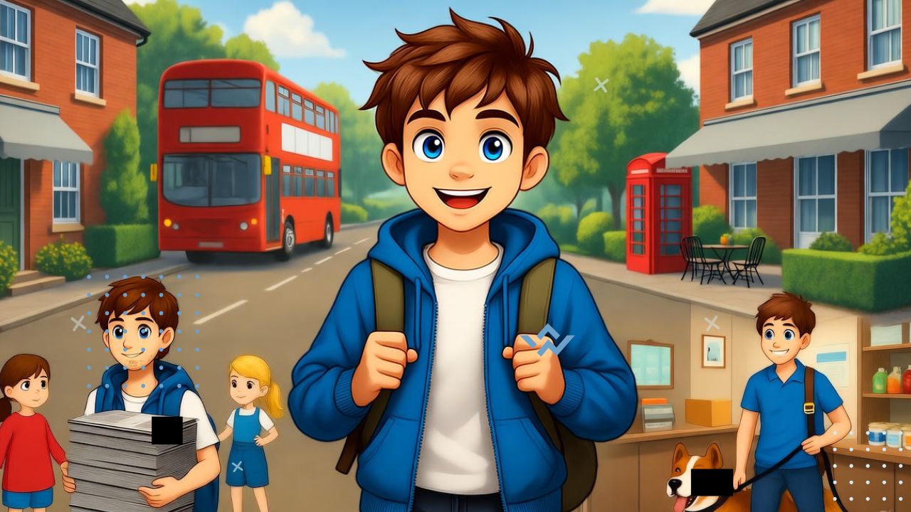 A cheerful 14-year-old teenager in the UK exploring different part-time job options — delivering newspapers, babysitting, helping in a shop, or walking dogs. The background shows a friendly British neighborhood with a red bus, phone booth, and local café. The scene feels fun, energetic, and inspiring, representing independence and the excitement of earning money. Use bright daylight, realistic style, and a positive, youthful atmosphere