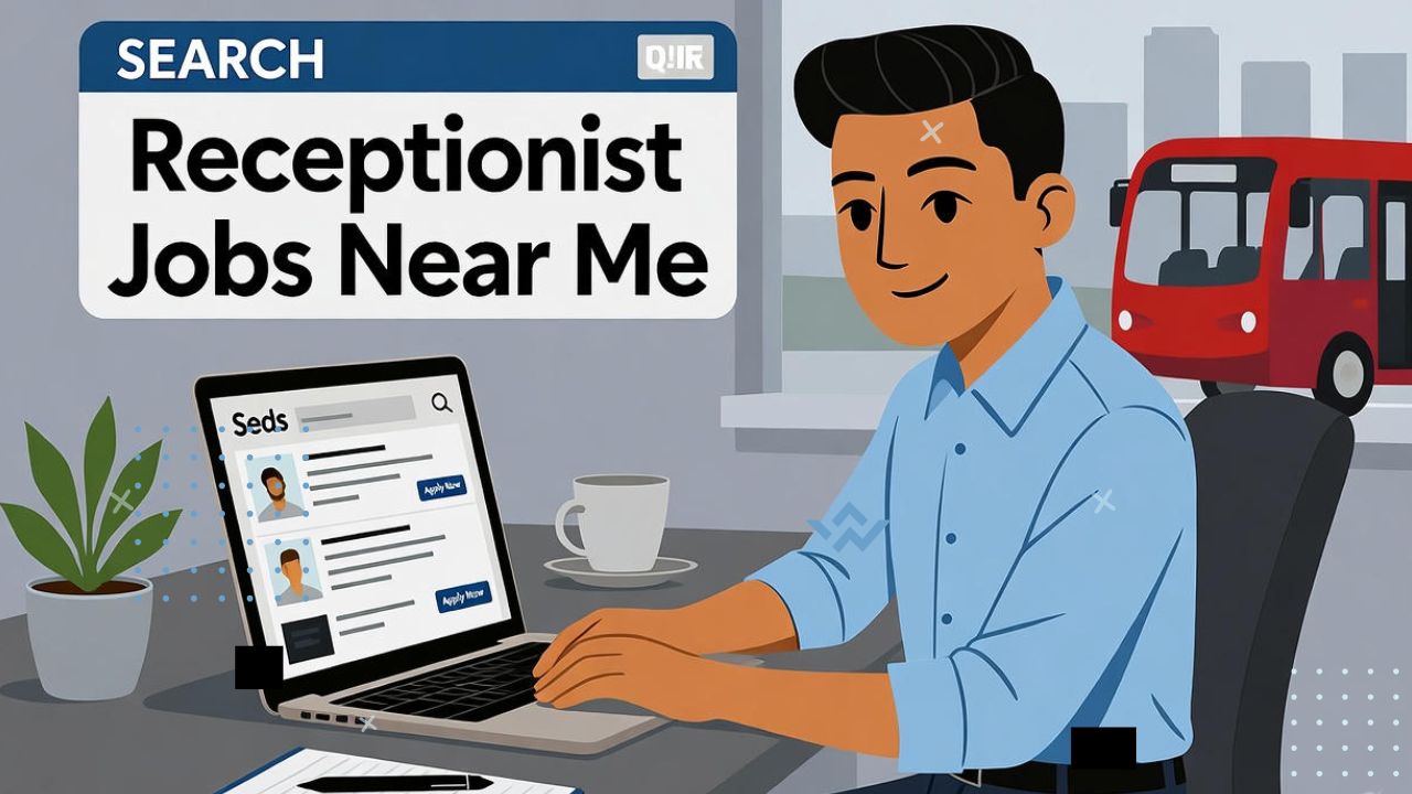 A modern, professional illustration showing a young person sitting at a desk using a laptop or smartphone to search for “Receptionist Jobs Near Me” in the UK. The screen shows job listings and “Apply Now” buttons. Around them are subtle office elements — coffee cup, notepad, and a plant — symbolizing a clean, organized workspace. The mood is confident, fresh, and career-focused. Include light UK touches like a red bus or city skyline outside a window. Use a realistic or semi-flat modern style with calm, professional colors.Select 6 more words to run Humanizer