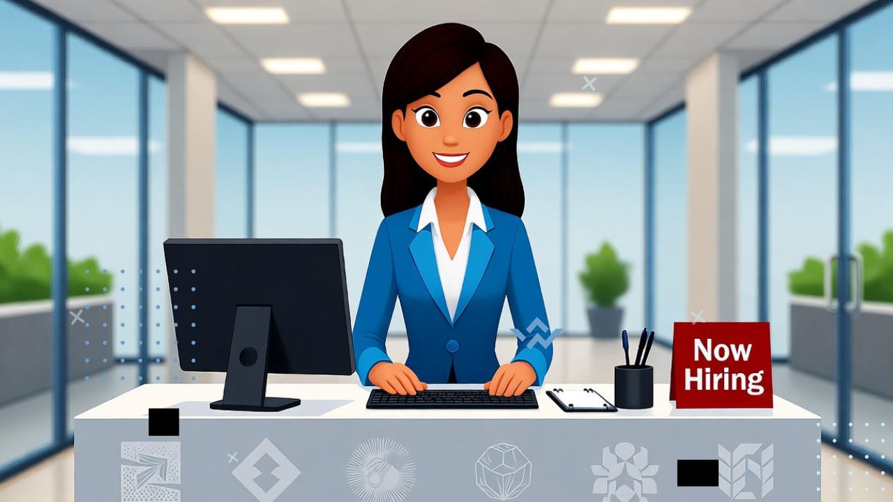 A clean, professional illustration showing a confident receptionist standing at a sleek front desk with a friendly smile, welcoming visitors. Behind them, subtle logos or icons represent different UK companies and offices (generic, not branded). The background features a modern office lobby with glass walls, plants, and soft lighting. Add small details like a computer, notepad, and “Now Hiring” sign. The mood is polished, welcoming, and career-focused — using a realistic or semi-flat modern style with bright, professional colors like blue, white, and gray.