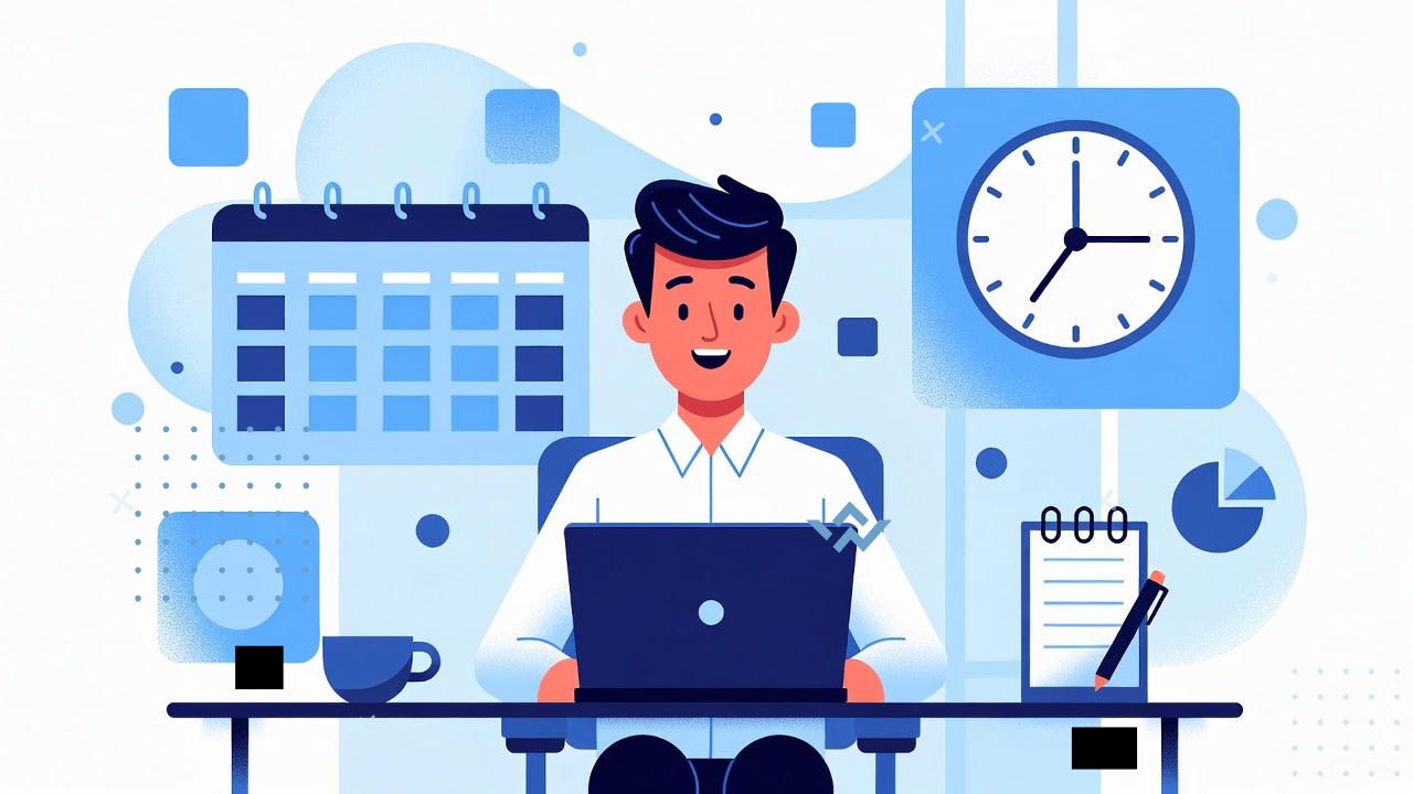 A clean, modern illustration showing a cheerful office worker sitting at a desk with a laptop, calendar, and clock nearby. The calendar shows months and weeks, symbolizing the calculation of yearly work hours. Add subtle icons like a coffee cup, notepad, and pie chart to represent productivity and time management. The background is bright and minimalistic with soft blues and whites, creating a professional yet friendly vibe. Use a realistic or semi-flat modern style focused on clarity and simplicity.