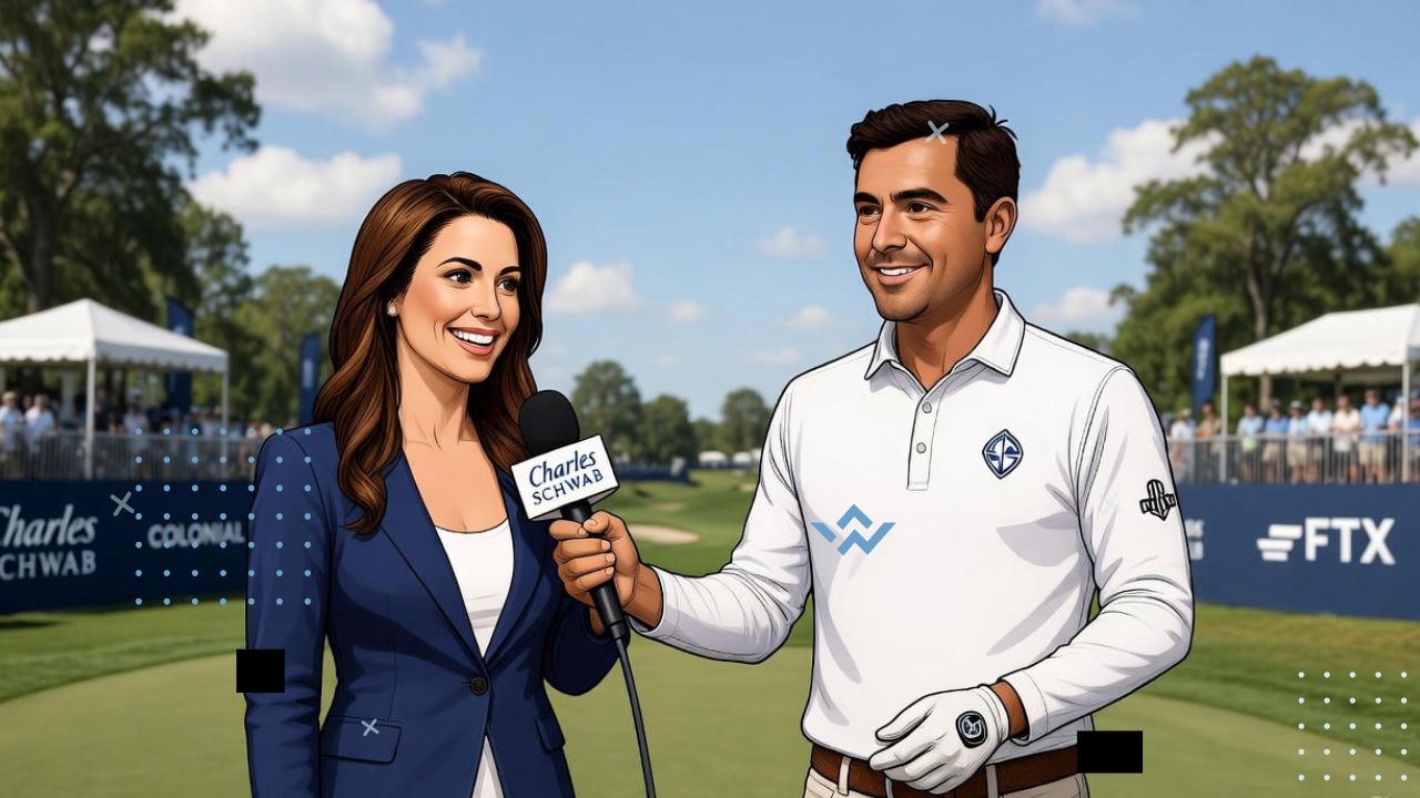 A vibrant, realistic illustration showing sports reporter Amanda Balionis interviewing Rickie Fowler at a golf course during the Charles Schwab Challenge. Amanda holds a microphone with a bright smile, while Rickie stands confidently in golf attire, holding a club. The background shows a sunny golf course with green grass, sponsor banners, and a few blurred spectators. The mood is energetic, professional, and friendly — capturing the excitement of a live sports interview. Use a clean, polished, realistic or semi-realistic style with natural lighting and fresh outdoor colors.