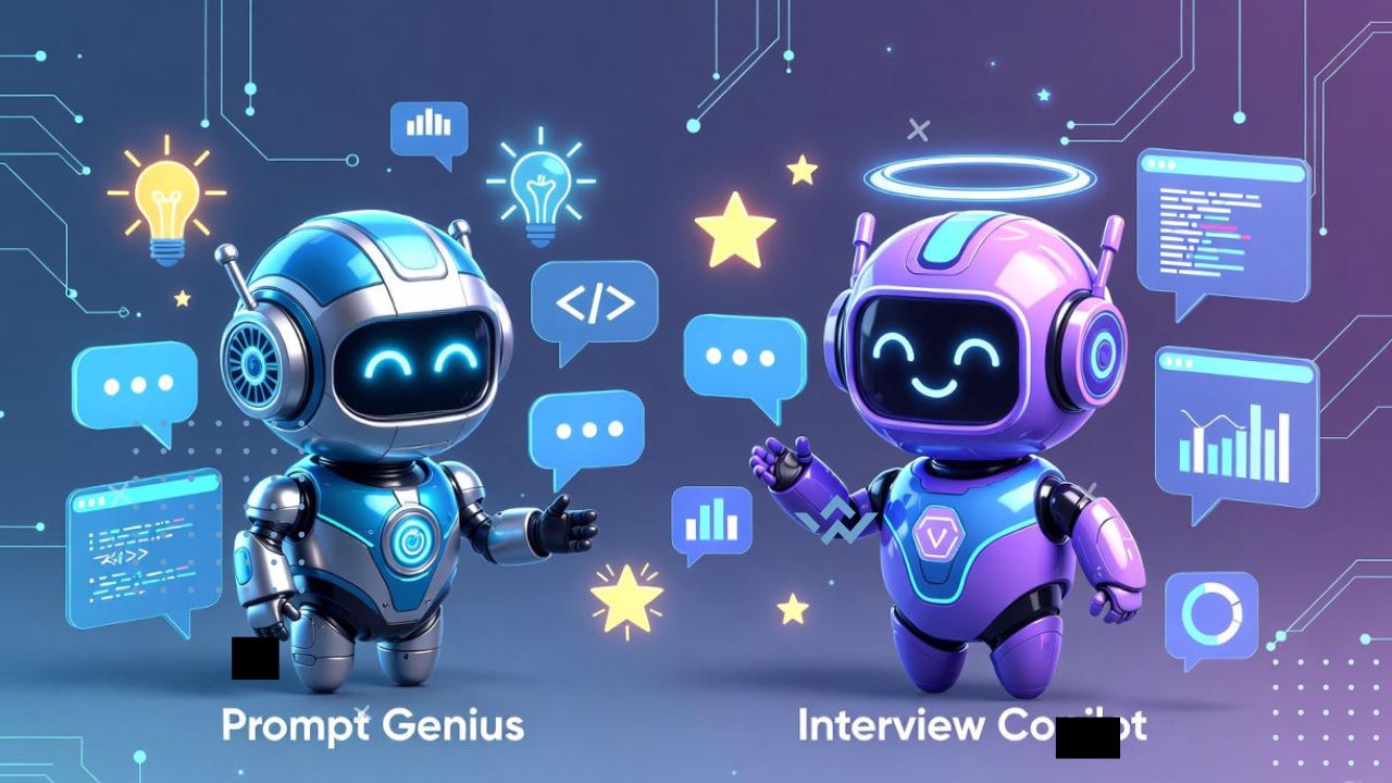A futuristic, tech-inspired illustration showing two AI characters or digital assistants — one labeled “Prompt Genius” and the other “Interview Copilot” — working together in a glowing virtual space. They’re surrounded by floating chat bubbles, data icons, and holographic screens representing smart, efficient conversations. The background features sleek gradients of blue and purple with circuit-like patterns, symbolizing advanced AI collaboration. The mood is intelligent, modern, and inspiring — using a clean, futuristic digital art style with a sense of innovation and teamwork.