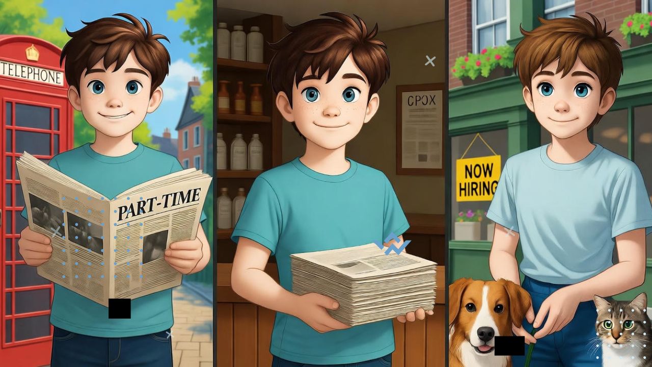 A smiling 14-year-old teenager in the UK proudly doing a part-time job — maybe handing out newspapers, serving in a small café, or caring for pets. The background includes familiar UK elements like a red telephone box, British-style houses, or a “Now Hiring” sign on a local shop window. The vibe is bright, positive, and motivating — symbolizing responsibility, early earning, and confidence. Use a realistic, daylight setting with a warm and friendly tone