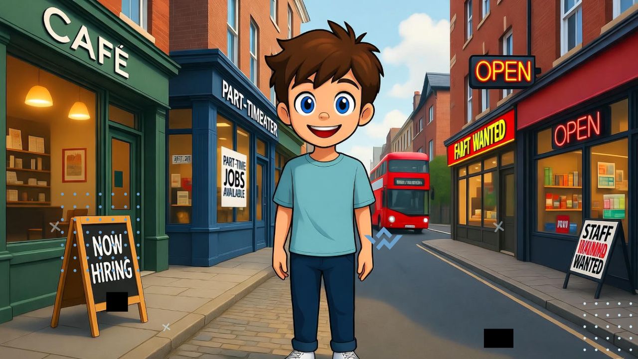 A friendly, energetic 14-year-old teenager in the UK standing happily outside various workplaces — a local café, supermarket, fast-food restaurant, pet store, and newspaper stand. Each location has subtle “Now Hiring” or “Part-Time Jobs” signs. The scene includes classic UK touches like a red bus, brick buildings, and a cloudy-but-bright London street. The mood is hopeful and inspiring, showing real job opportunities for teens. Realistic, daylight style with a cheerful and motivational vibe