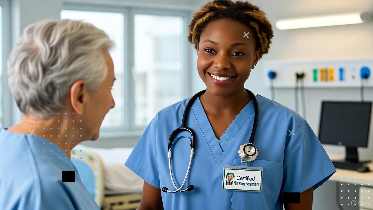 A professional and uplifting scene showing a friendly Certified Nursing Assistant (CNA) in scrubs helping an elderly patient or checking medical charts in a bright, modern healthcare setting. The background includes clean hospital or clinic elements like beds, medical equipment, and soft lighting. Add subtle details like a name badge and a calm, confident smile to convey compassion and professionalism. The tone should feel motivating and career-focused — realistic style with a clean, modern, and trustworthy look