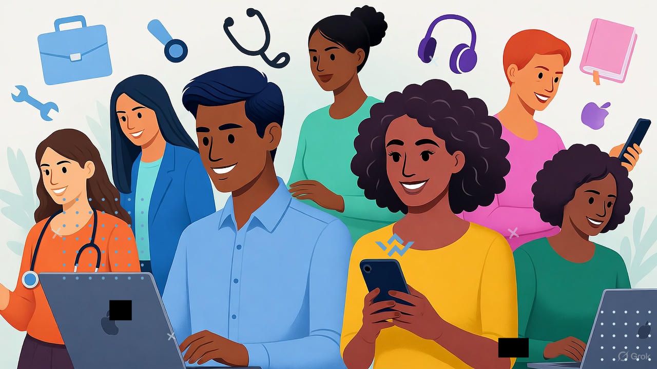 A bright, modern illustration showing confident and diverse people smiling while exploring different job opportunities on a laptop or smartphone. The background includes subtle icons or symbols representing various careers — briefcase, stethoscope, wrench, headset, and book — symbolizing different fields like healthcare, office work, tech, and education. The mood is positive, professional, and motivational — showing ambition and opportunity. Use a clean, realistic or semi-flat modern style with soft lighting and balanced colors.