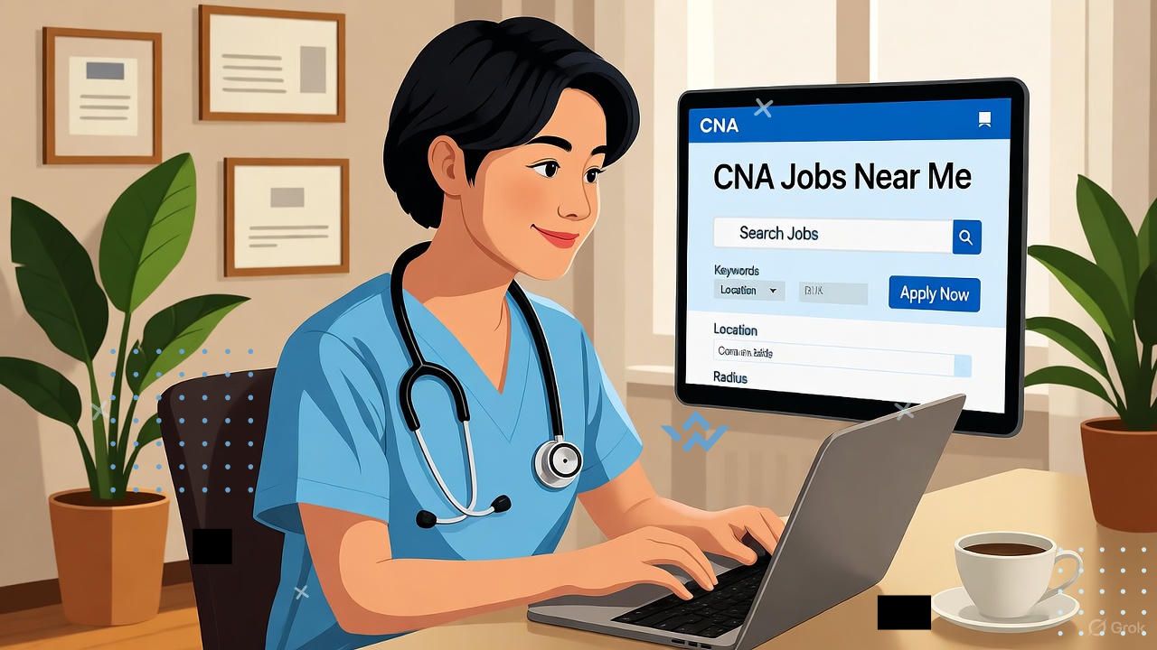 A friendly, modern illustration of a young professional in scrubs sitting at a desk or on a sofa, using a laptop or phone to search for CNA jobs online. The screen shows a job search page with phrases like “CNA Jobs Near Me” and “Apply Now.” The background is bright and welcoming — perhaps with plants, coffee, and soft natural light — creating a motivated and hopeful vibe. Use a clean, realistic or semi-flat illustration style with warm, professional colors that suggest opportunity and growth.