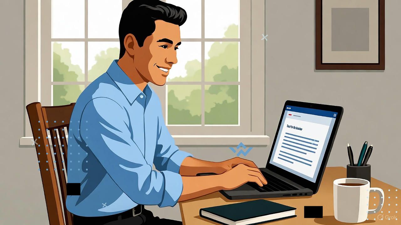 A professional, modern illustration of a person sitting at a tidy desk, smiling while typing a thank-you email on a laptop. The screen shows a polite, well-written message with the subject line “Thank You for the Interview.” The setting includes subtle office details — a notebook, coffee mug, and soft natural light from a window. The overall vibe is warm, confident, and polished — reflecting professionalism and gratitude. Use a clean, realistic or semi-flat modern style with calm, inviting colors like blue, white, and soft beige
