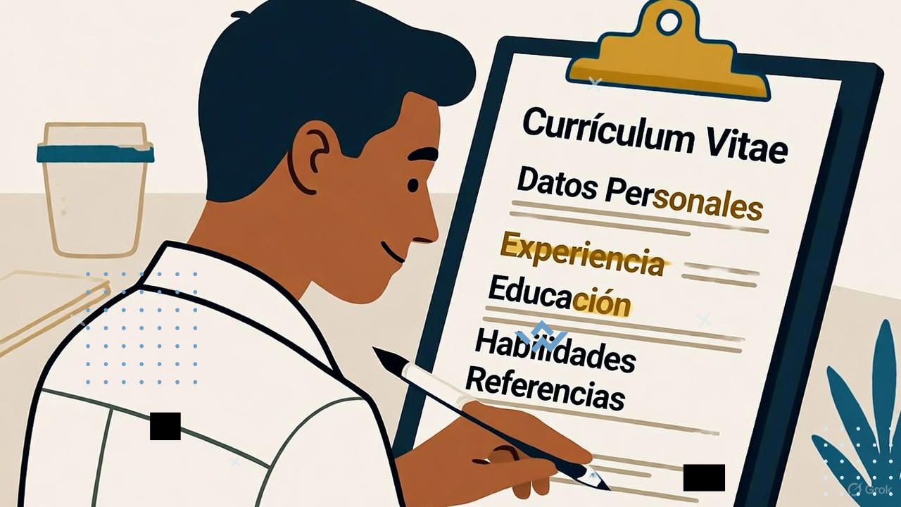 A modern, professional illustration showing a person creating or reviewing a resume written in Spanish on a laptop or clipboard. The screen or paper shows visible Spanish words like “Currículum Vitae,” “Experiencia,” and “Educación.” The background includes light office elements — coffee cup, notebook, and a plant — giving it a clean, motivational vibe. Use a bright, realistic or semi-flat modern style with neutral tones and a touch of blue or gold to convey professionalism and confidence