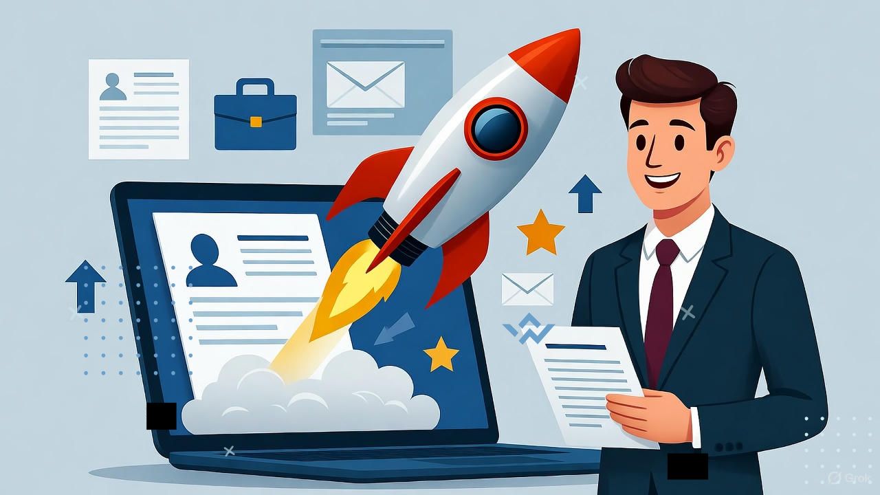 A dynamic, modern illustration featuring a rocket launching upward from a resume document or laptop screen, symbolizing fast career growth and success. A confident professional stands nearby, smiling proudly with a completed resume in hand. The background shows subtle icons of job offers, emails, and achievement symbols (like stars or upward arrows). Use a bright, futuristic color palette — blues, whites, and accents of red or orange — in a clean, semi-flat or 3D style to convey speed, confidence, and motivation