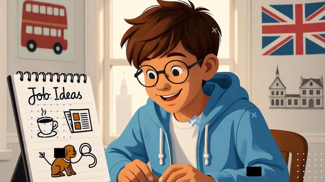 A happy 14-year-old teenager in the UK using a laptop or phone to search for part-time jobs, sitting at a cozy desk or café. Nearby, there’s a notepad with “Job Ideas” written on it and icons like a café cup, newspaper, and dog leash symbolizing different jobs. The background subtly includes British elements like a red bus, Union Jack flag, or classic UK buildings. The mood is bright, hopeful, and motivational — realistic style with a friendly, youthful vibe